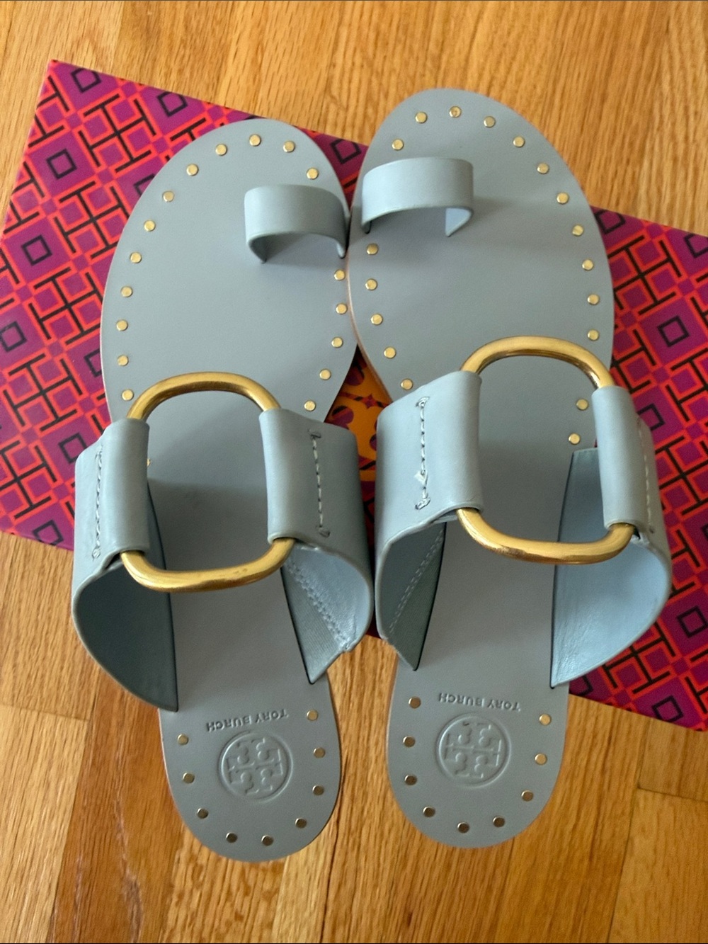 Tory Burch Light Blue Leather Ring-Accent Slide Sandals - Picture 3 of 4